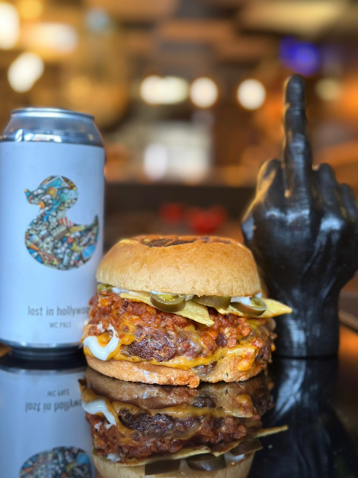 street food beefburger and can of craft beer/ale